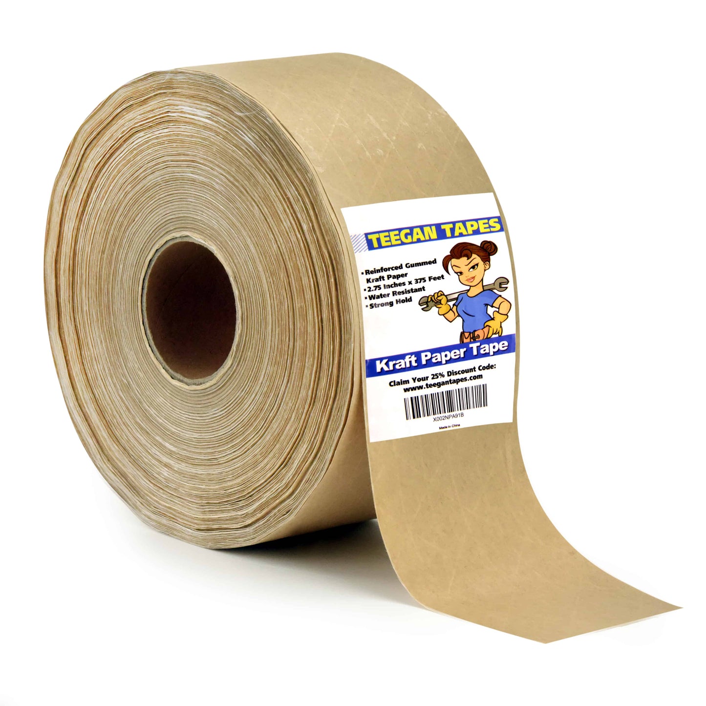 Reinforced Gummed Kraft Paper Packing Tape, 2.75 In x 375 Ft