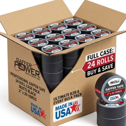 Gaffer Power Real USA Professional Grade Gaffer Tape, Made in The USA, Heavy Duty Gaffers Tape, Non-Reflective, Multipurpose. 2 Inches x 30 Yards, Black (Case of 24)